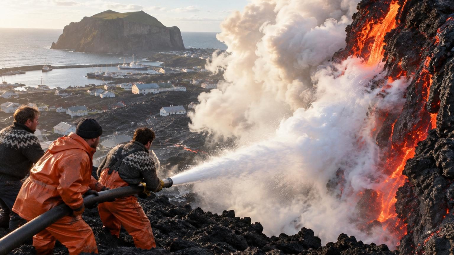 Mur de lave refroidie de 30 mètres de hauteur s'élevant depuis le littoral islandais de Heimaey, crée par le refroidissement du volcan Eldfell avec l'eau de mer en 1973