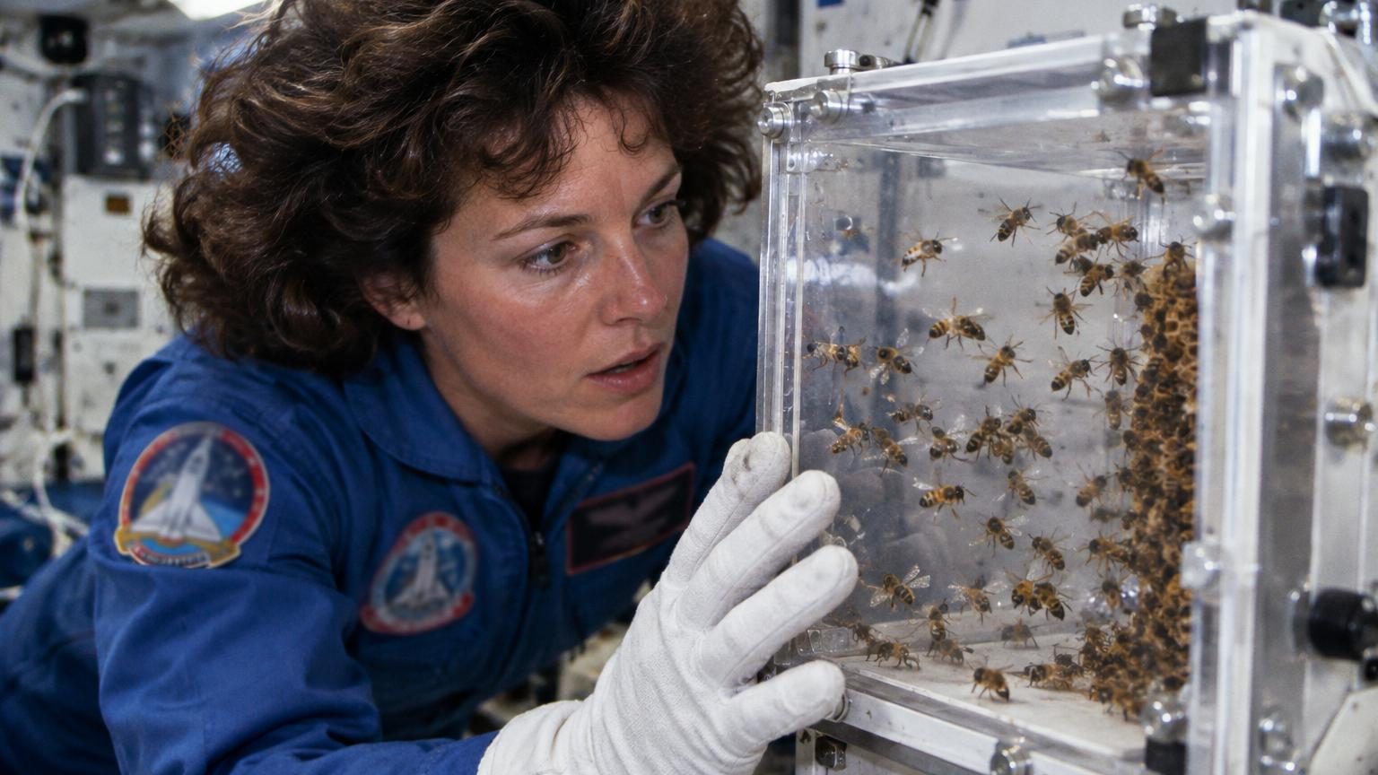 Une ruche de petite taille dans un module transparent à bord d'une navette spatiale, avec des abeilles volant en orbite terrestre.