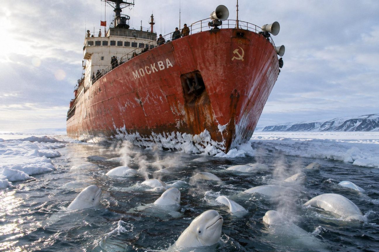 Un brise-glace soviétique blanc fend la glace compacte de l'Arctique en hiver, créant un corridor d'eau libre, tandis que des bélugas blancs le suivent entre les murs de glace.