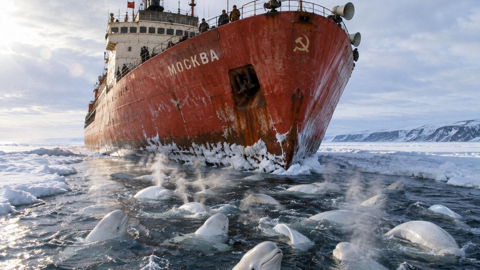Un brise-glace soviétique blanc fend la glace compacte de l'Arctique en hiver, créant un corridor d'eau libre, tandis que des bélugas blancs le suivent entre les murs de glace.