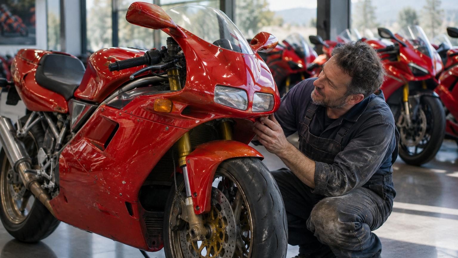 Motocyclette Ducati 916 rouge rubis aux lignes épurées et carénage fin, vue de profil, symbole du design sportif italien des années 1990.