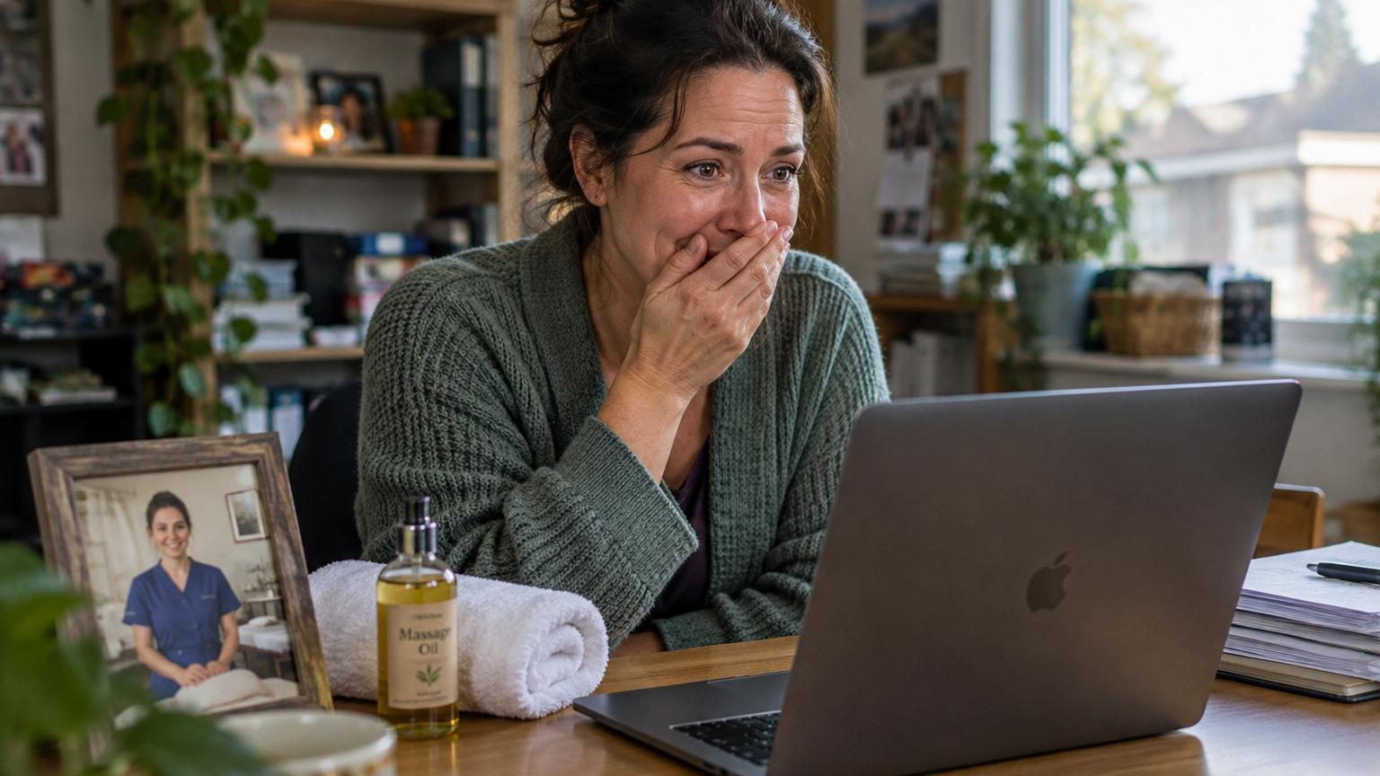 Portrait d'une femme souriante en tenue de massage, avec en arrière-plan les bureaux modernes et dynamiques d'une entreprise de la Silicon Valley remplis d'énergie et d'ambition technologique.
