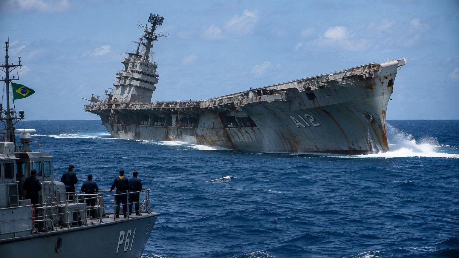 Porte-avions géant de 265 mètres amarré au port avec drapeau brésilien, montrant la structure massive du navire vieillissant contre l'horizon maritime.