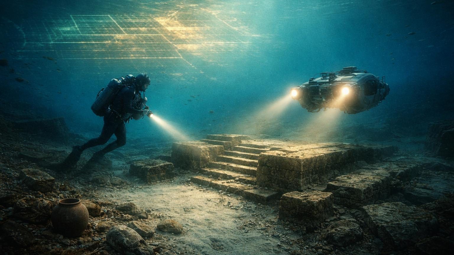 Vue sous-marine d'une baie avec structures géométriques détectées au sonar, profondeur d'environ 40 mètres, côte du nord-ouest de l'Inde
