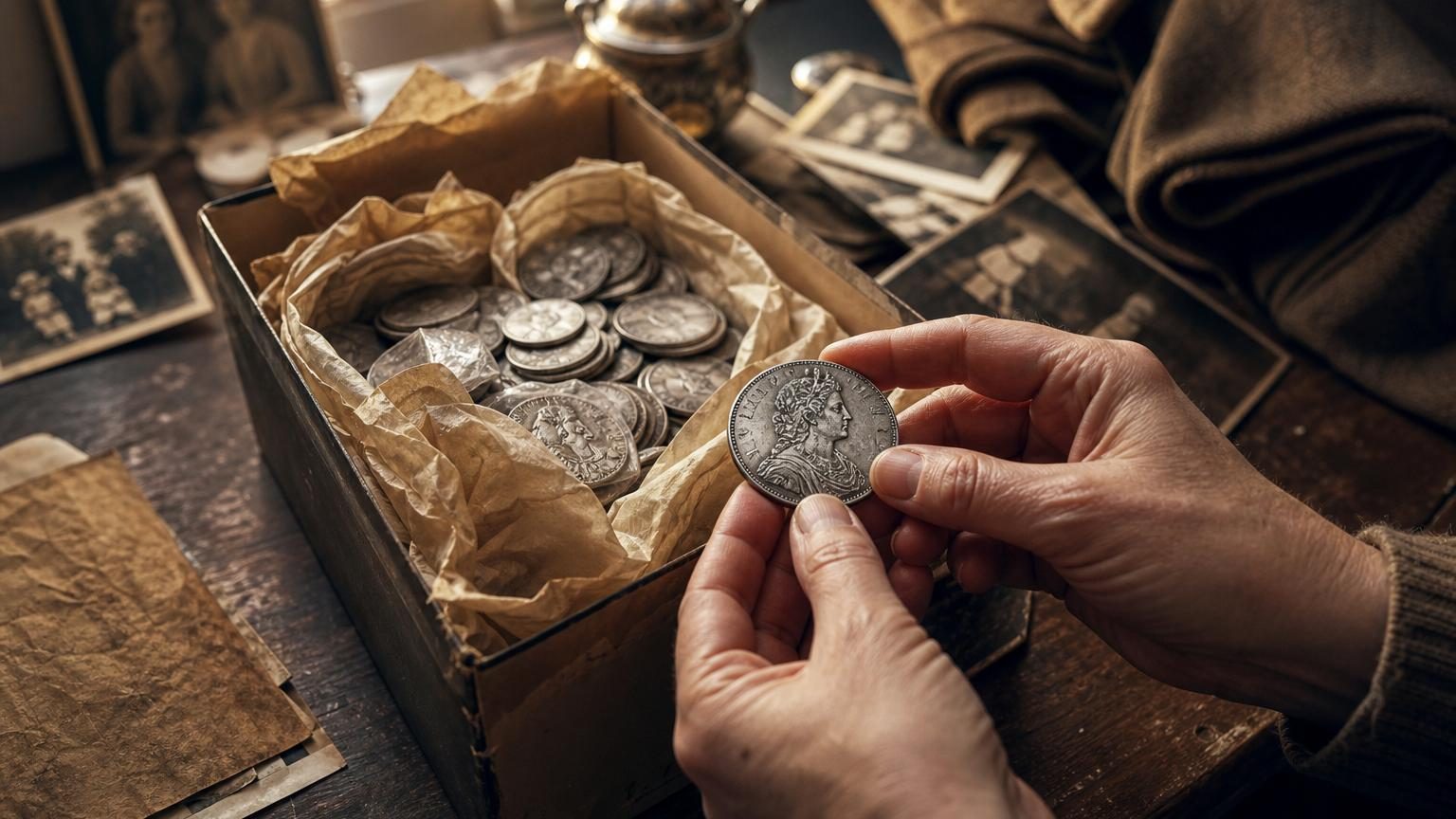 Boîte à chaussures ouverte contenant 180 pièces de monnaie en argent ancien, empilées et protégées par du papier, illustrant une découverte familiale lors d'un débarras.