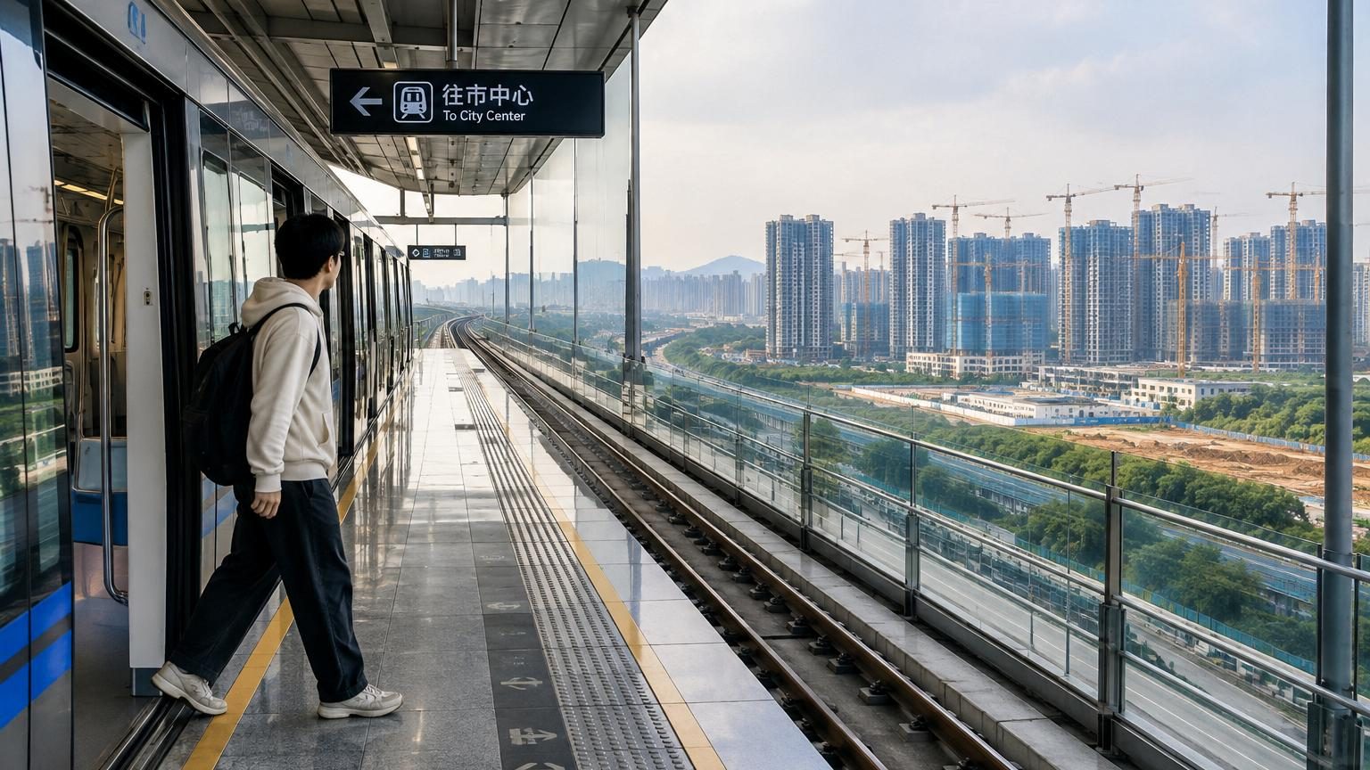 Vue aérienne d'une station de métro moderne entourée de terrain vague herbu et désert, sans route ni immeuble visible à proximité, illustrant le concept de station fantôme chinoise.
