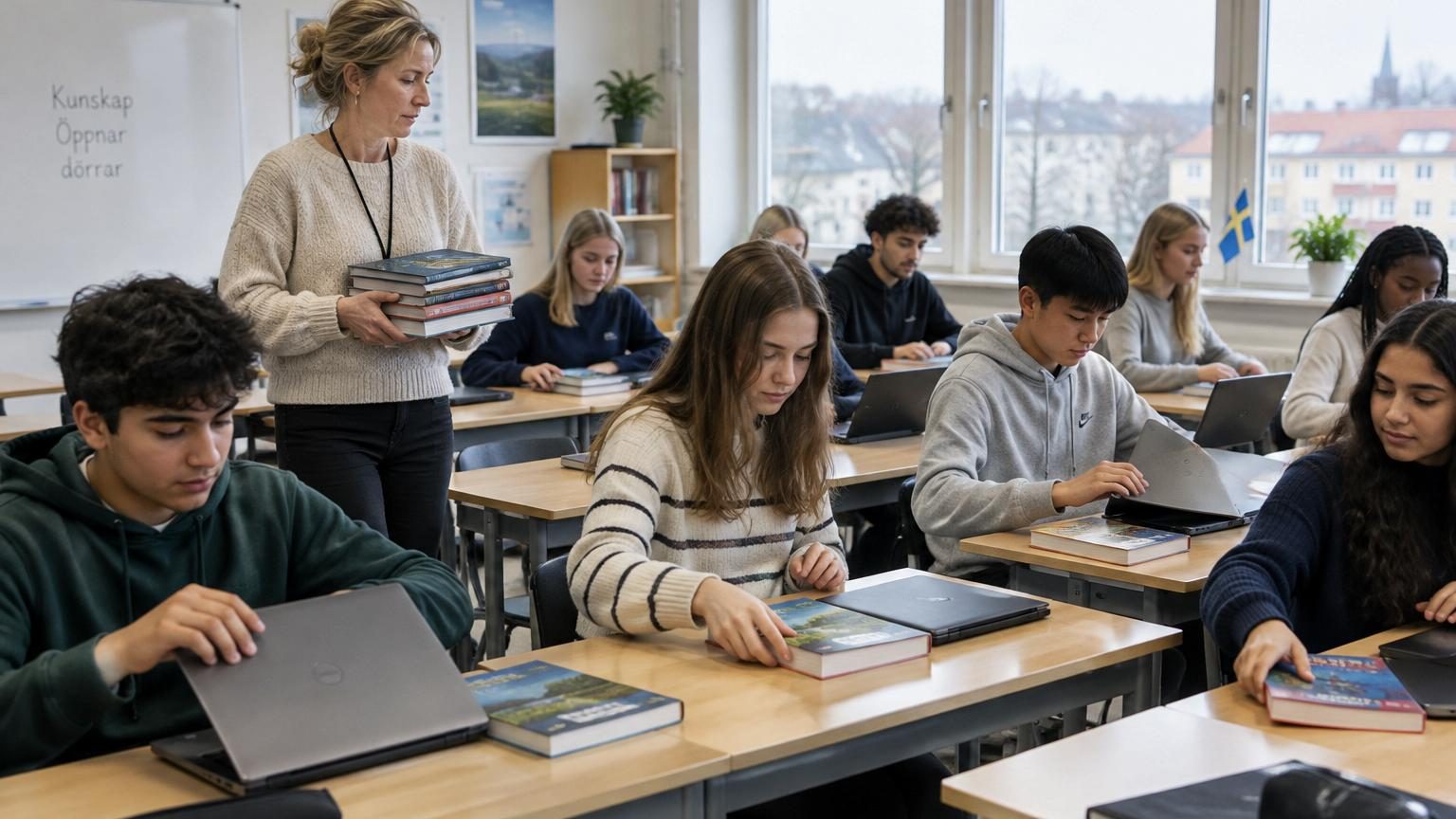 Salle de classe suédoise avec des élèves utilisant à la fois des manuels papier ouverts sur leurs pupitres et des ordinateurs portables, illustrant le modèle mixte d'apprentissage équilibré.