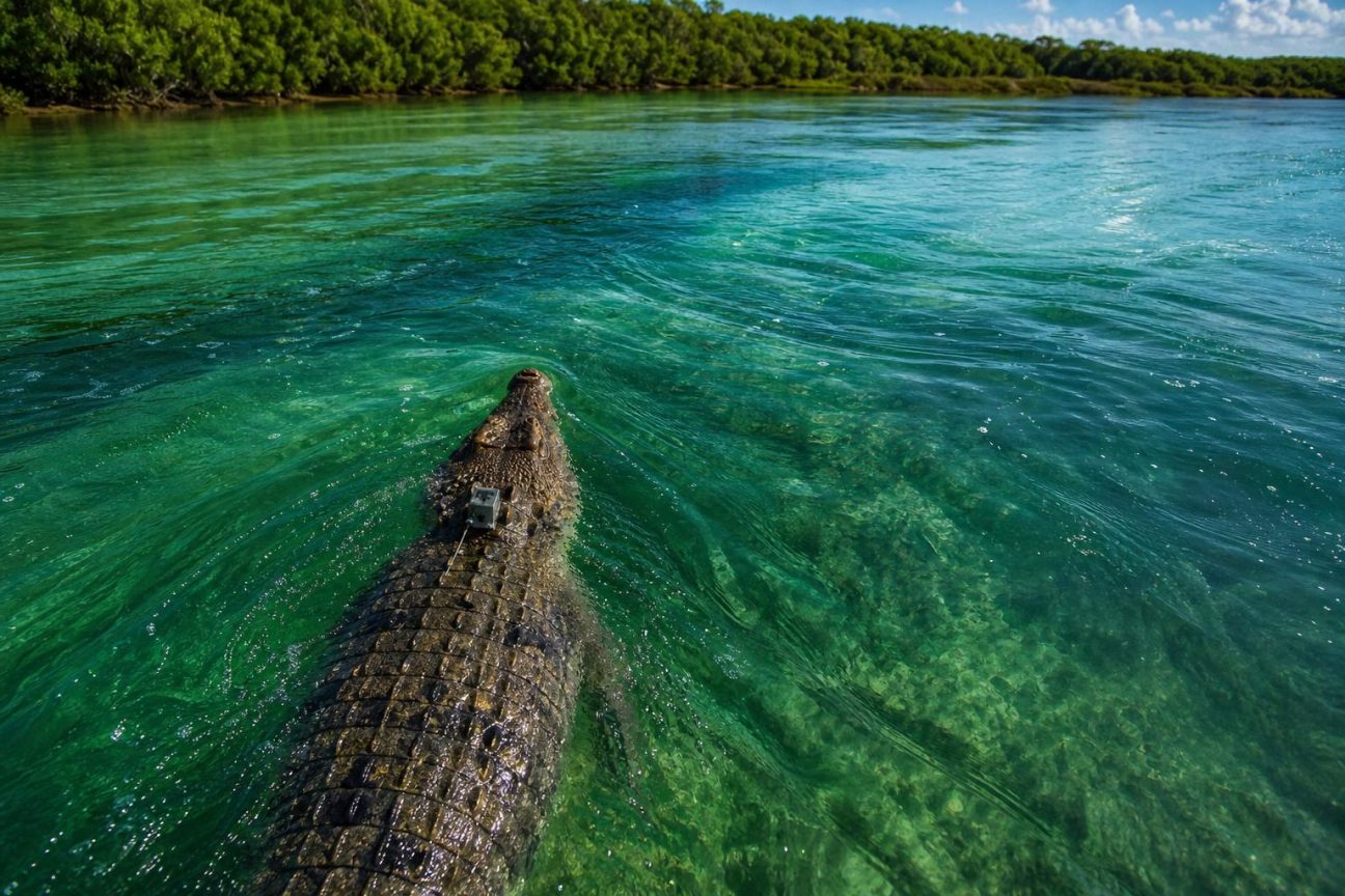 Crocodile marin nageant en mer le long d'une côte avec mangroves, attendant le courant favorable pour progresser