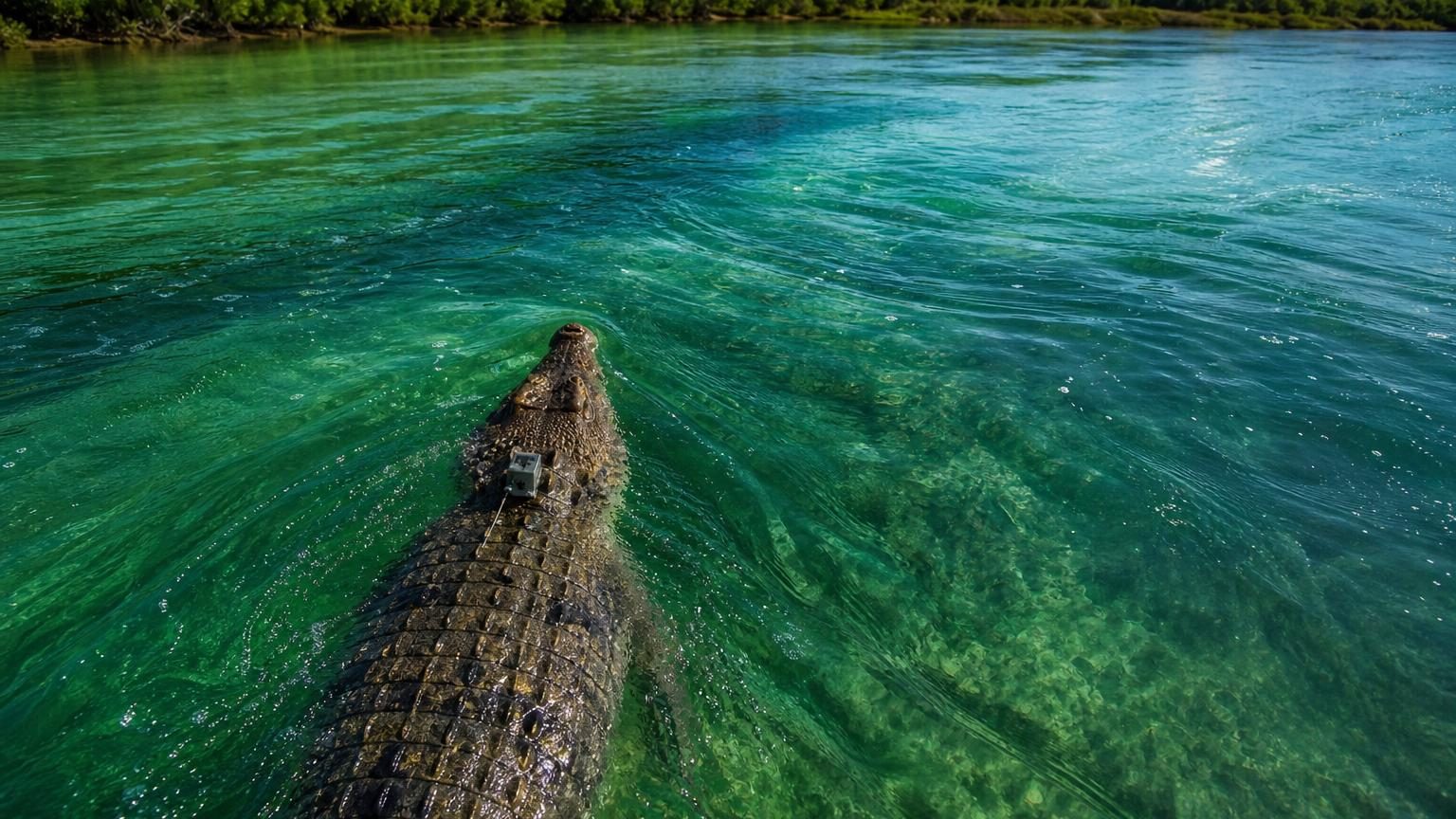 Crocodile marin nageant en mer le long d'une côte avec mangroves, attendant le courant favorable pour progresser