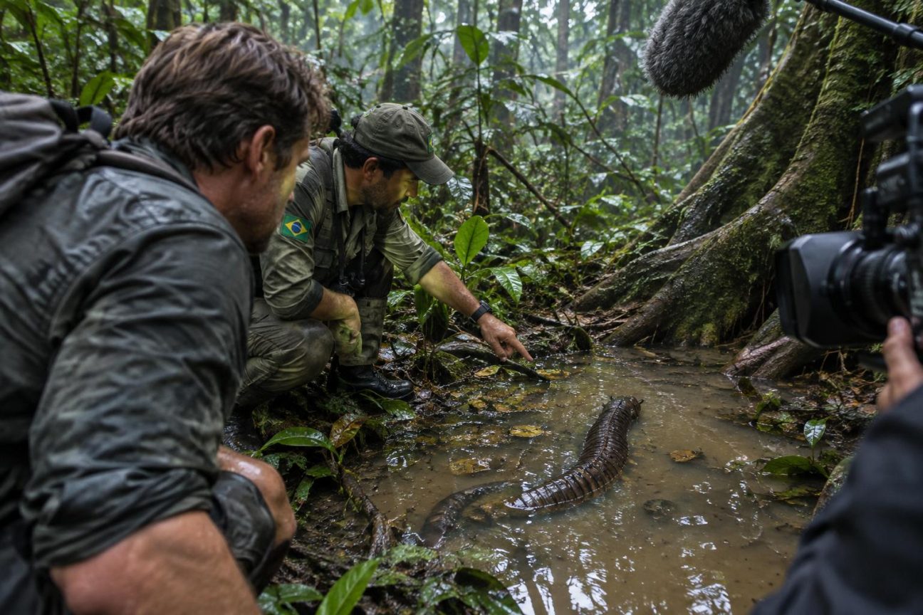 Will Smith et un biologiste observent avec fascination une créature inconnue dans une mare amazonienne, entre le doute et la curiosité.