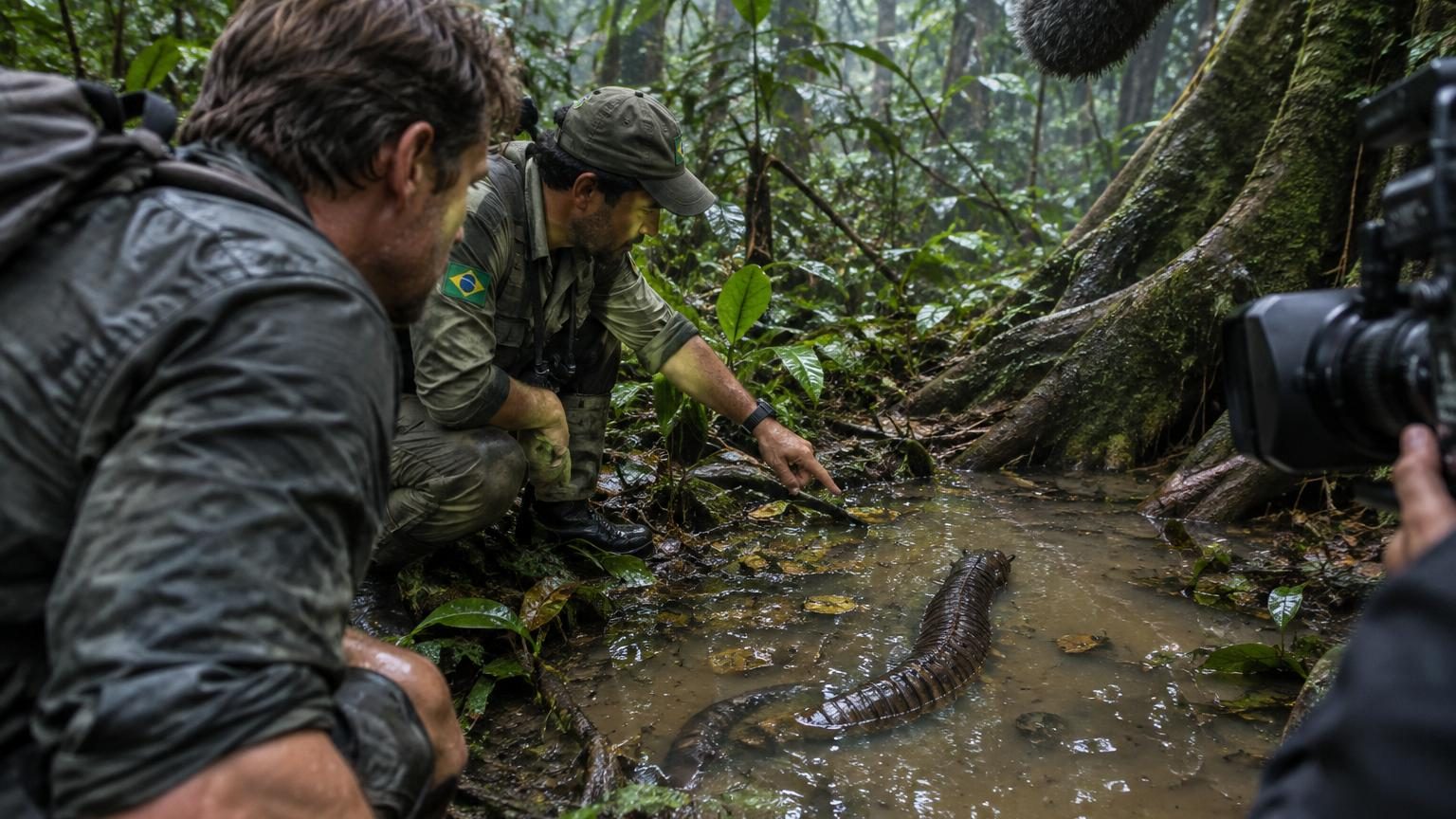 Will Smith et un biologiste observent avec fascination une créature inconnue dans une mare amazonienne, entre le doute et la curiosité.