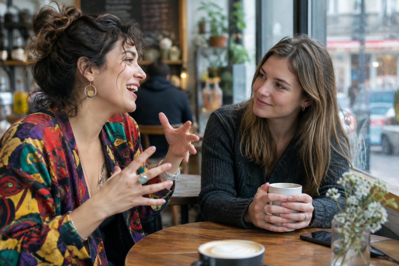 Deux femmes aux styles opposés prennent un café ensemble : l'une gesticulante et énergique, l'autre calme et posée, incarnant deux personnalités diamétralement opposées mais connectées par l'écoute et la confiance mutuelle.