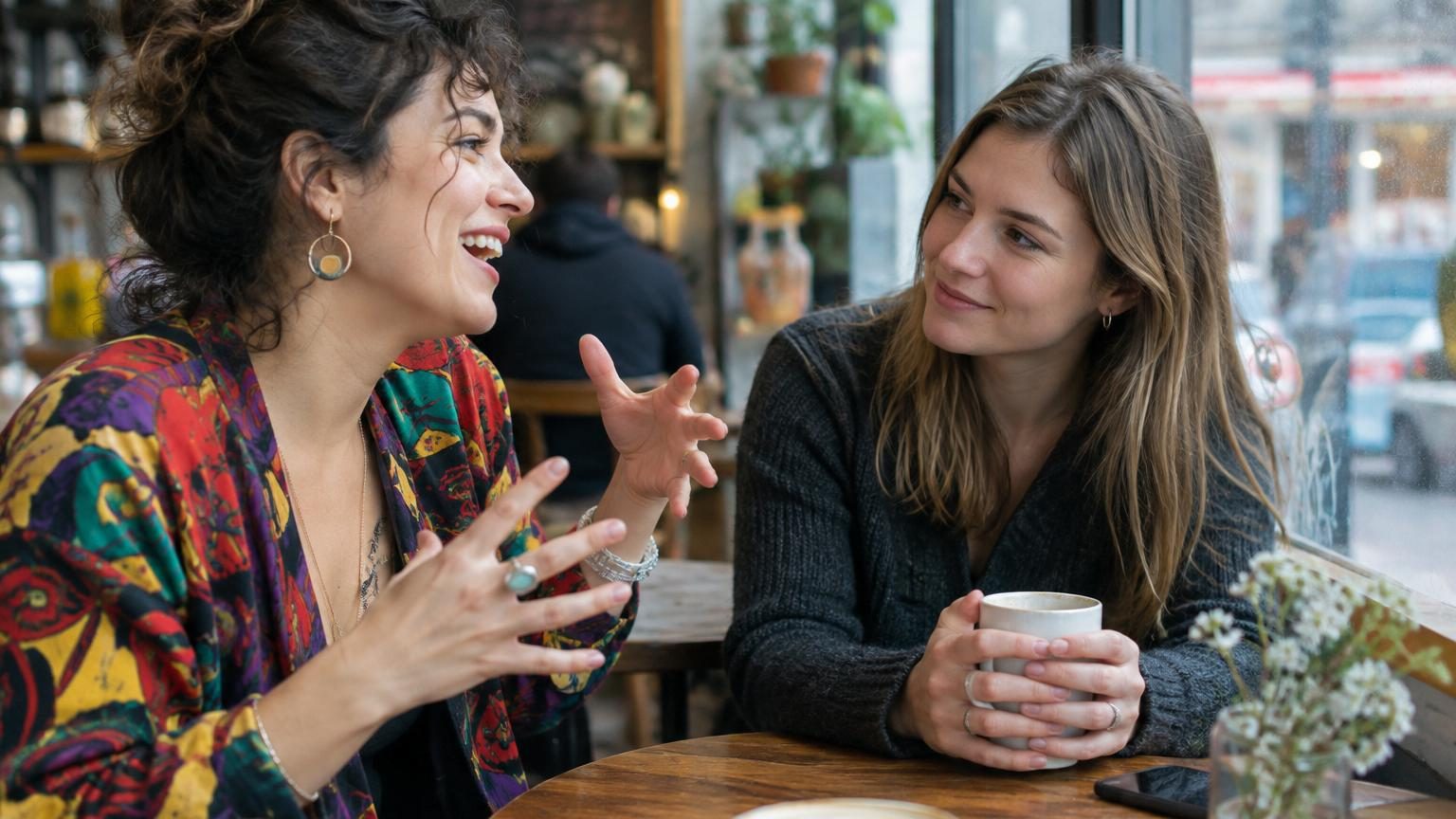 Deux femmes aux styles opposés prennent un café ensemble : l'une gesticulante et énergique, l'autre calme et posée, incarnant deux personnalités diamétralement opposées mais connectées par l'écoute et la confiance mutuelle.