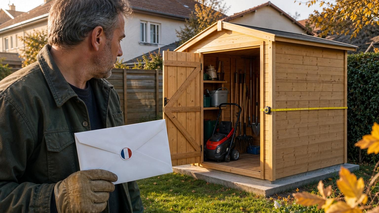 Marc vérifie les dimensions de son abri de jardin: un cabanon blanc de 5,1 m² dans un jardin verdoyant, avec des outils entreposés à côté, une lettre administrative visible sur la clôture.