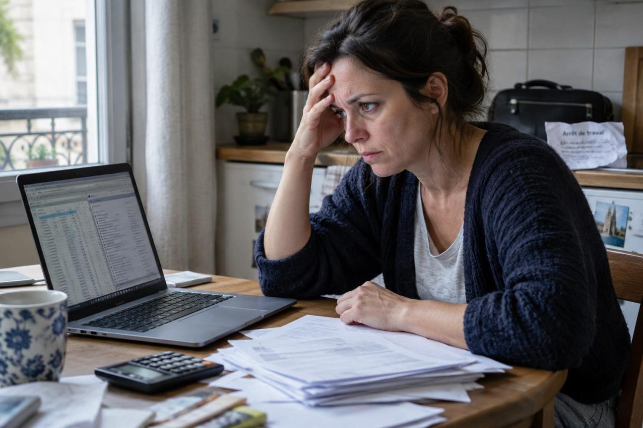 Un ordinateur portable allumé sur un bureau avec des mails affichés, illustrant la confusion entre arrêt maladie et télétravail professionnel