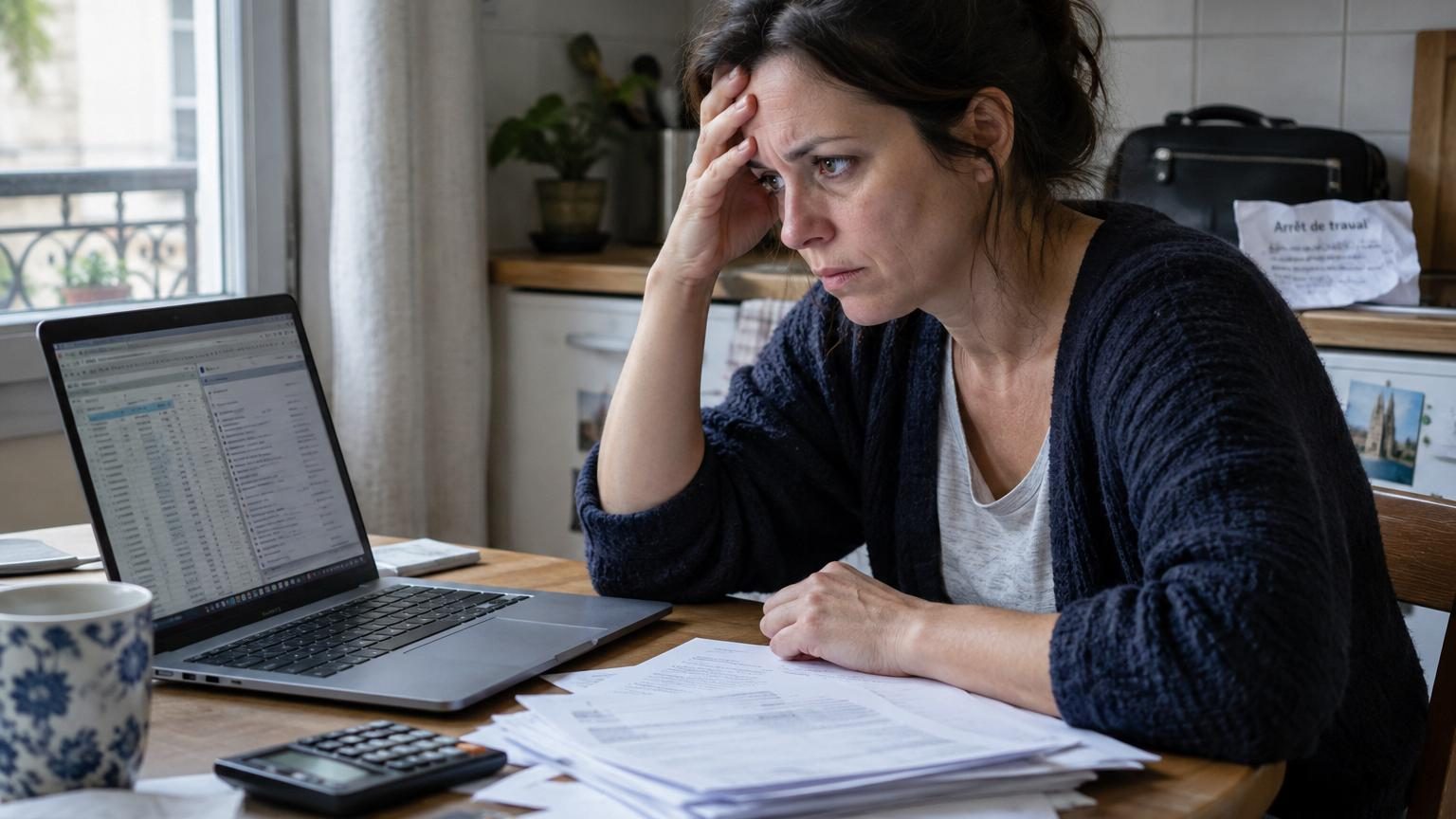 Un ordinateur portable allumé sur un bureau avec des mails affichés, illustrant la confusion entre arrêt maladie et télétravail professionnel