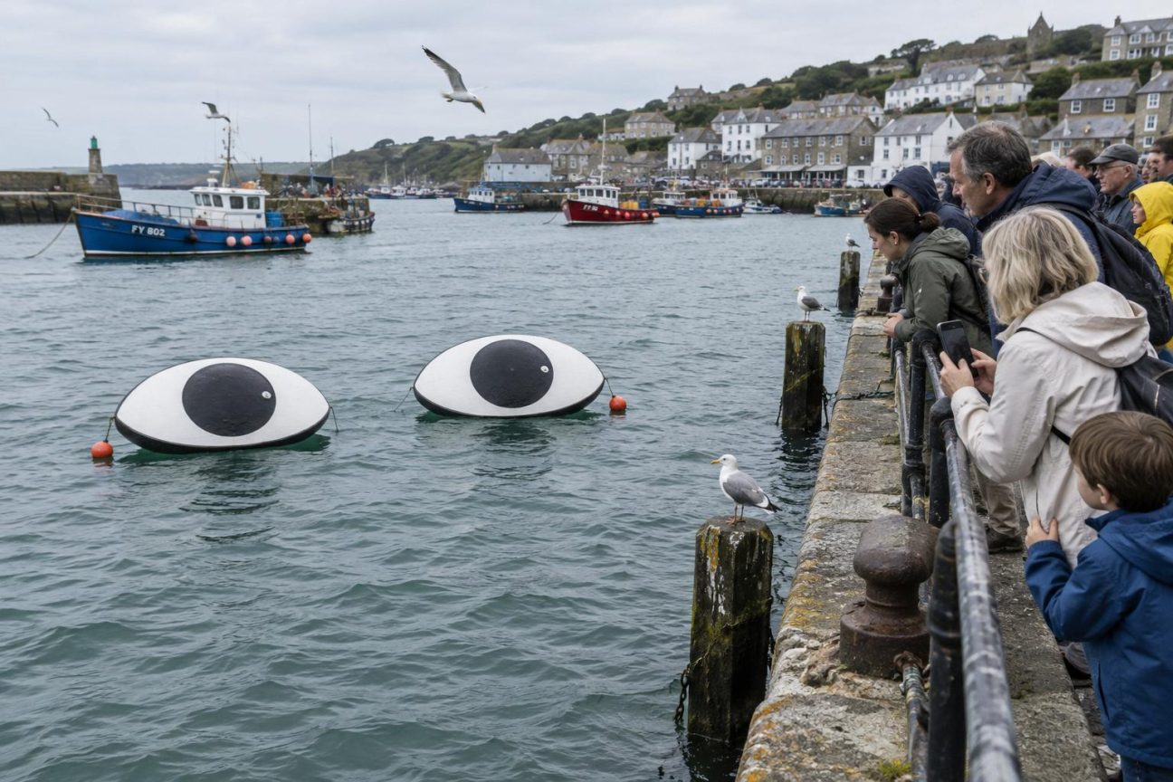 Deux grands yeux blancs avec pupilles noires flottent sur une bouée grise en mer, immobiles à la surface de l'eau devant un quai côtier.