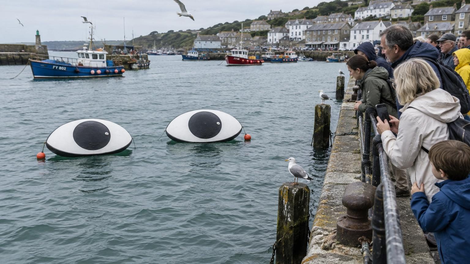 Deux grands yeux blancs avec pupilles noires flottent sur une bouée grise en mer, immobiles à la surface de l'eau devant un quai côtier.