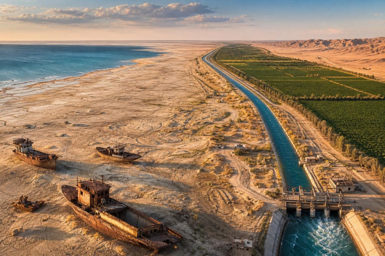 Épaves de bateaux rouillées reposant sur un désert craquelé et aride à Moynaq, Ouzbékistan, symbole de la disparition de la mer d'Aral.