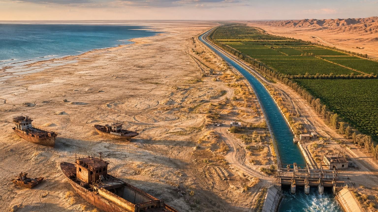 Épaves de bateaux rouillées reposant sur un désert craquelé et aride à Moynaq, Ouzbékistan, symbole de la disparition de la mer d'Aral.