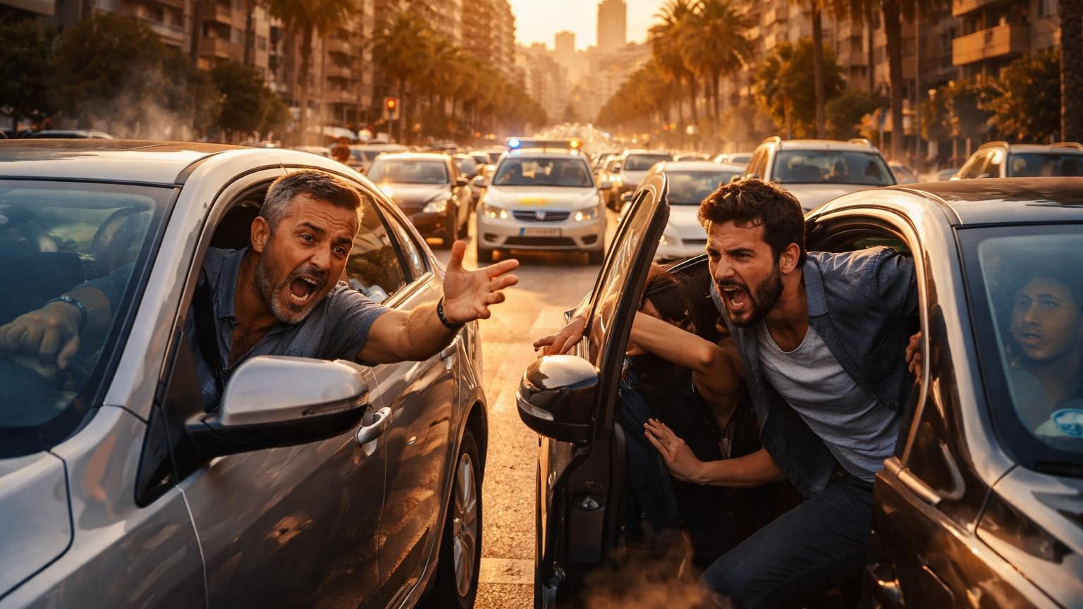 Conducteur au volant avec expression agressive, poing levé, symbolisant la violence routière et l'agressivité au volant en Espagne