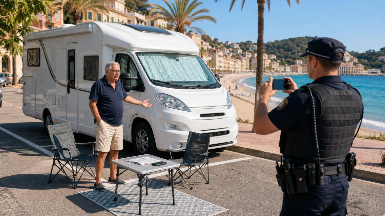 Un homme âgé assis sur une chaise pliante à côté de son camping-car garé, avec une petite table et un tapis devant la portière, face à une route côtière