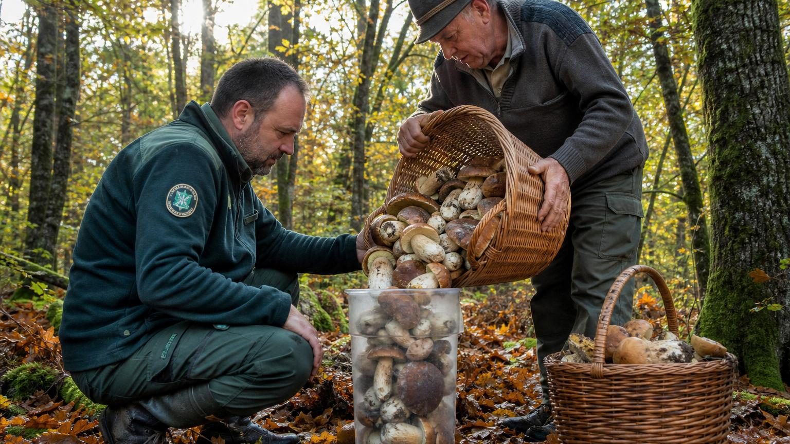 Main tenant un panier en osier rempli de cèpes frais, dans un sous-bois automnal avec des feuilles au sol et des arbres en arrière-plan