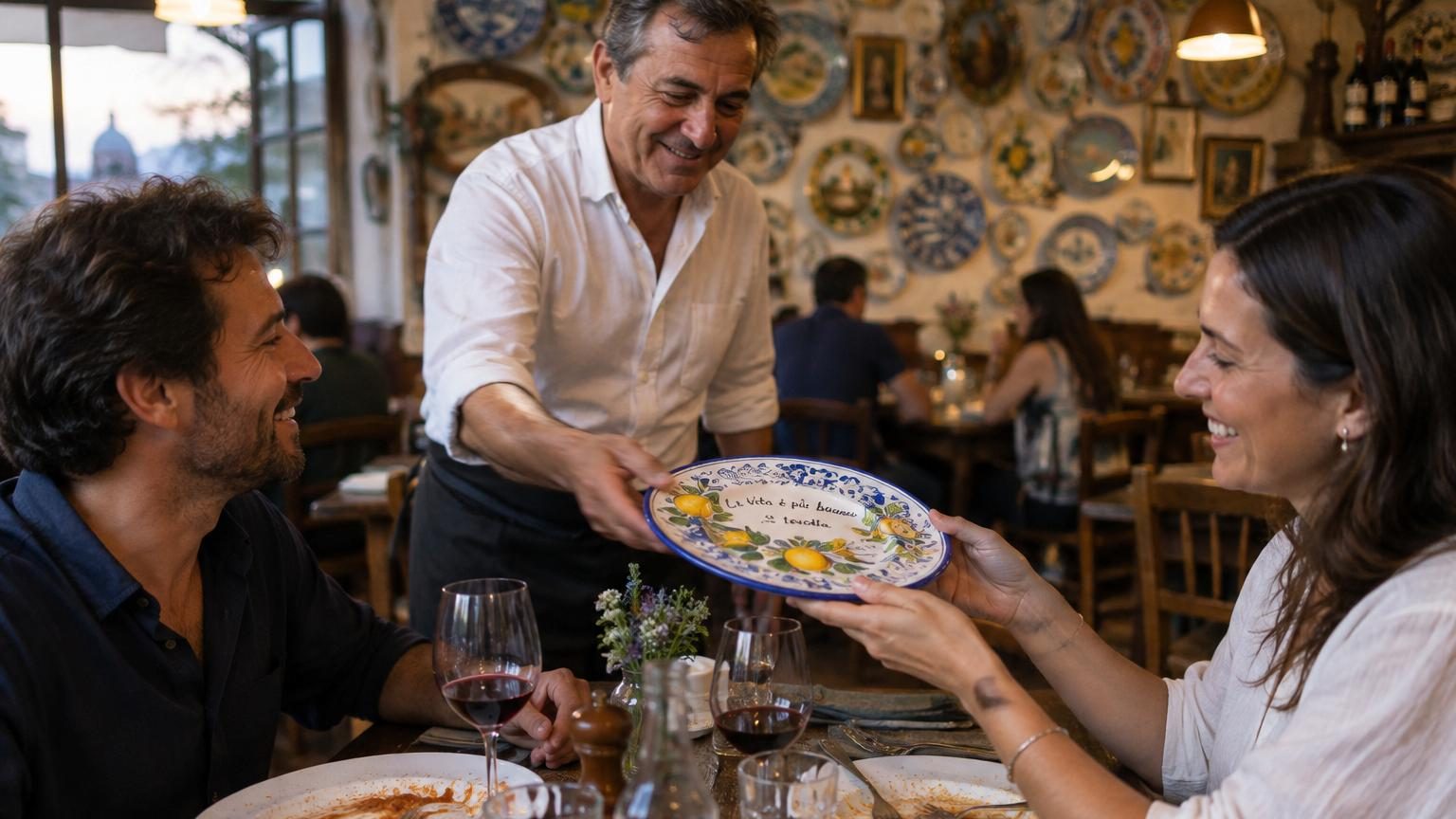 Assiette en céramique peinte à la main aux motifs régionaux italiens, illustrant un plat signature d'une trattoria avec des éléments du terroir local