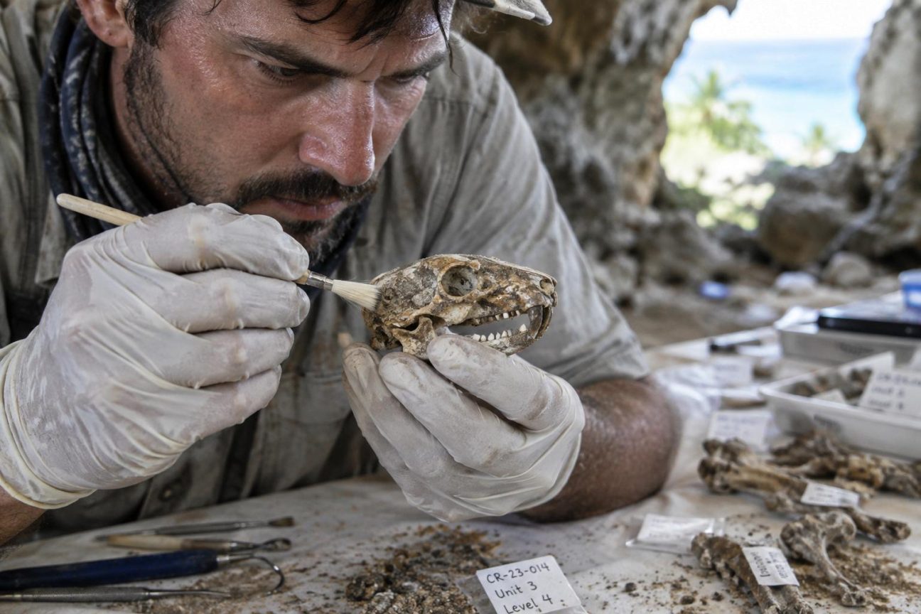 Illustration d'un crâne de petit rongeur fossile montrant une alvéole dentaire contenant un minuscule nid d'abeille fossilisé aux parois lisses et modelées.
