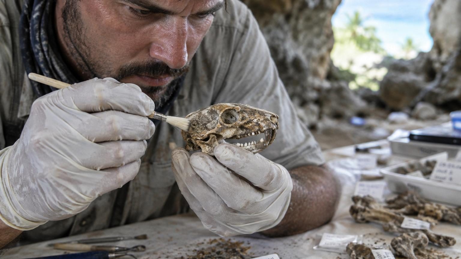 Illustration d'un crâne de petit rongeur fossile montrant une alvéole dentaire contenant un minuscule nid d'abeille fossilisé aux parois lisses et modelées.