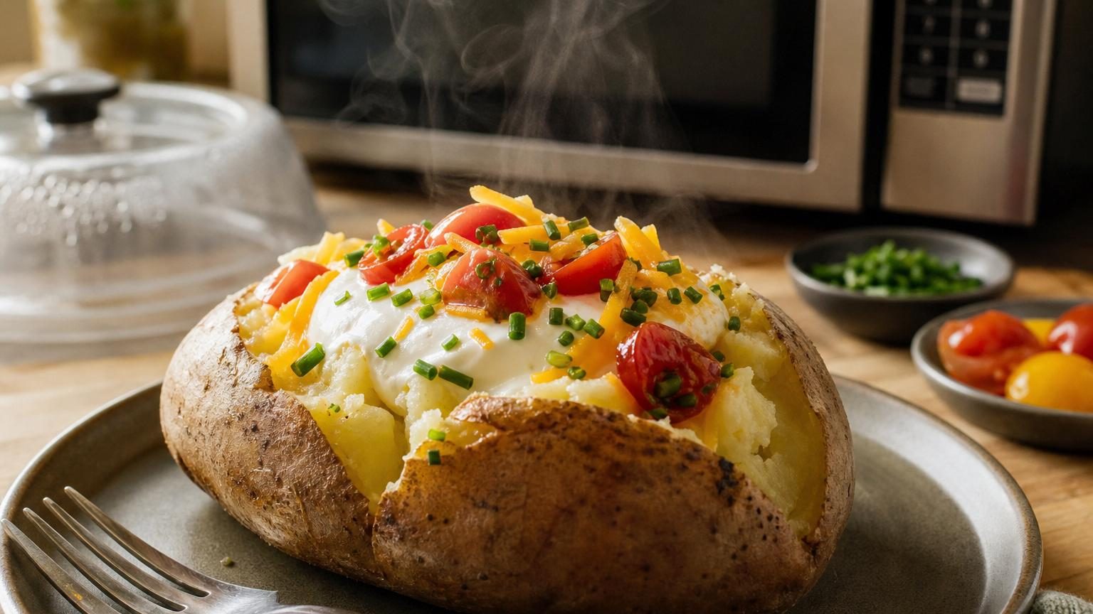 Pomme de terre crue entière posée sur un torchon blanc à côté d'une fourchette, prête à être piquée avant cuisson au micro-ondes
