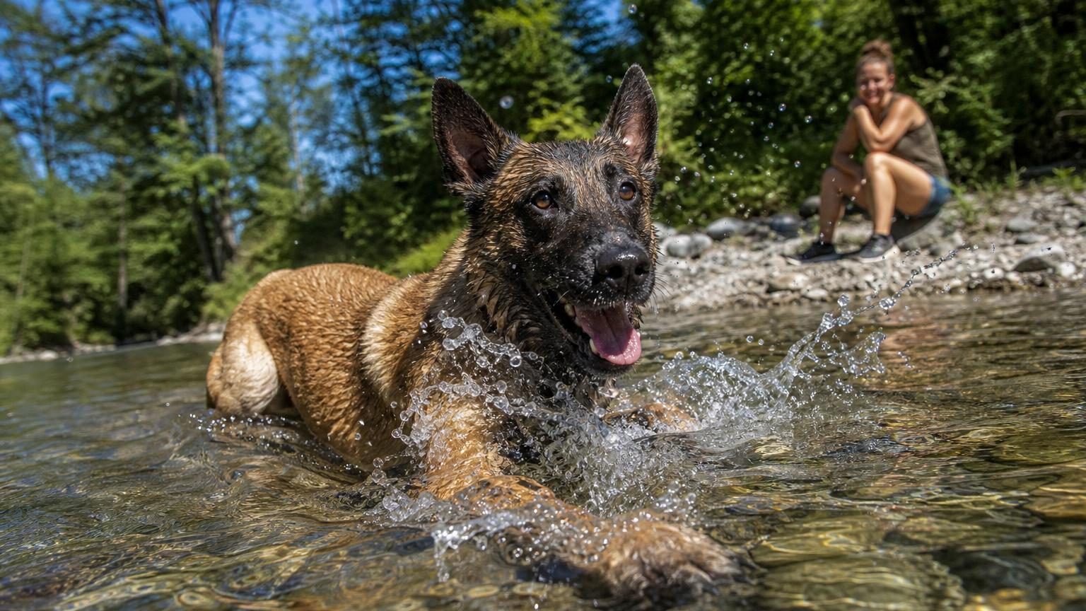 En pleine baignade dans la rivière, ce Berger Belge Malinois surprend sa maîtresse avec une technique insolite pour se rafraîchir