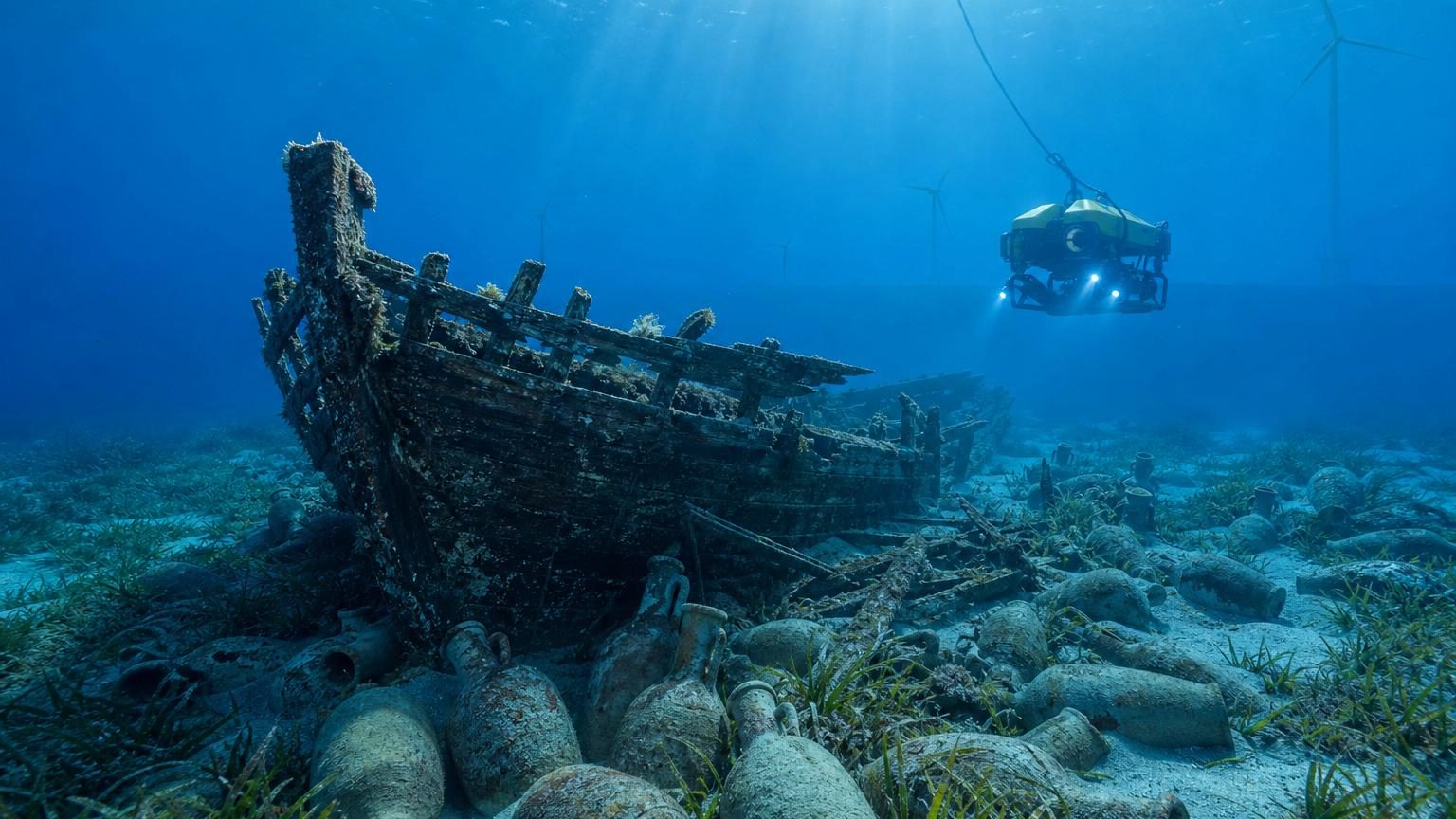 Vue sonar d'une épave antique posée sur le fond marin, entourée d'amphores dispersées et de débris, à 100 mètres de profondeur en Méditerranée.