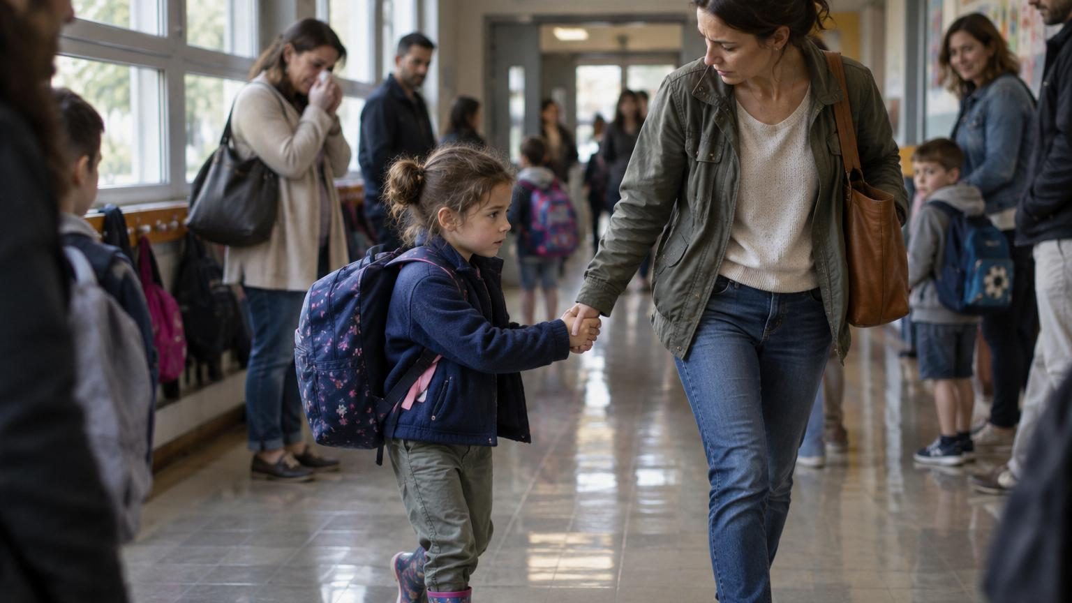 Une jeune fille en tongs sur le carrelage d'un couloir d'école, tenant la main de sa mère, tandis que d'autres parents observent discrètement, incarnant le moment poignant d'une rentrée scolaire pour un enfant neurodivergent.