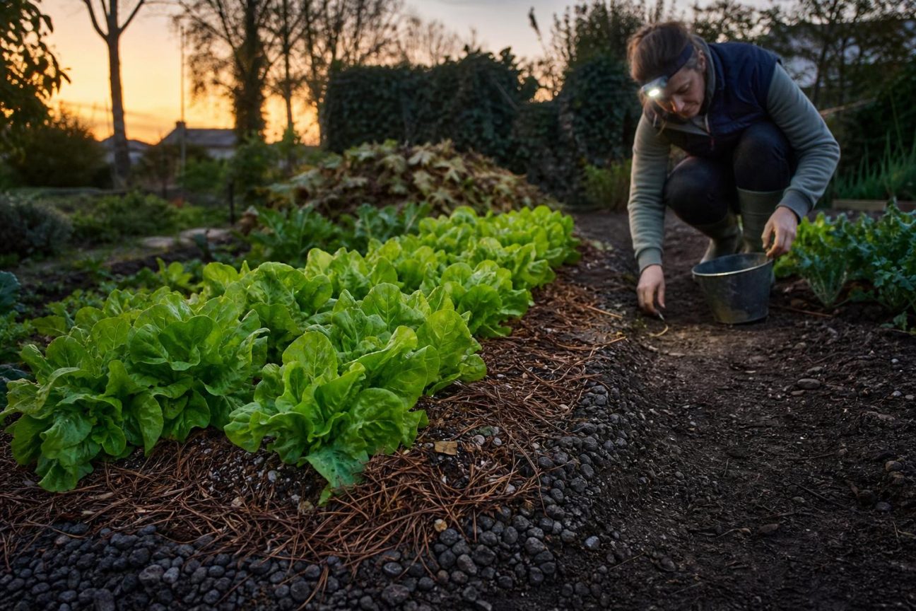 Un potager organisé avec des rangs de jeunes salades entourées de zones dégagées et sèches, sans aucune barrière chimique visuelle.