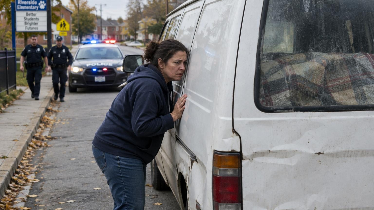 Gros plan sur la porte coulissante rouillée d'une vieille camionnette blanche, vitrée et poussiéreuse, garée dans une rue ordinaire de quartier résidentiel.