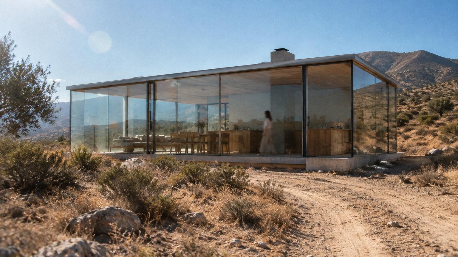 Maison futuriste entièrement construite en verre transparent, isolée dans un désert aride de couleur rougeâtre avec reliefs rocheux ondulants sous un ciel dégagé