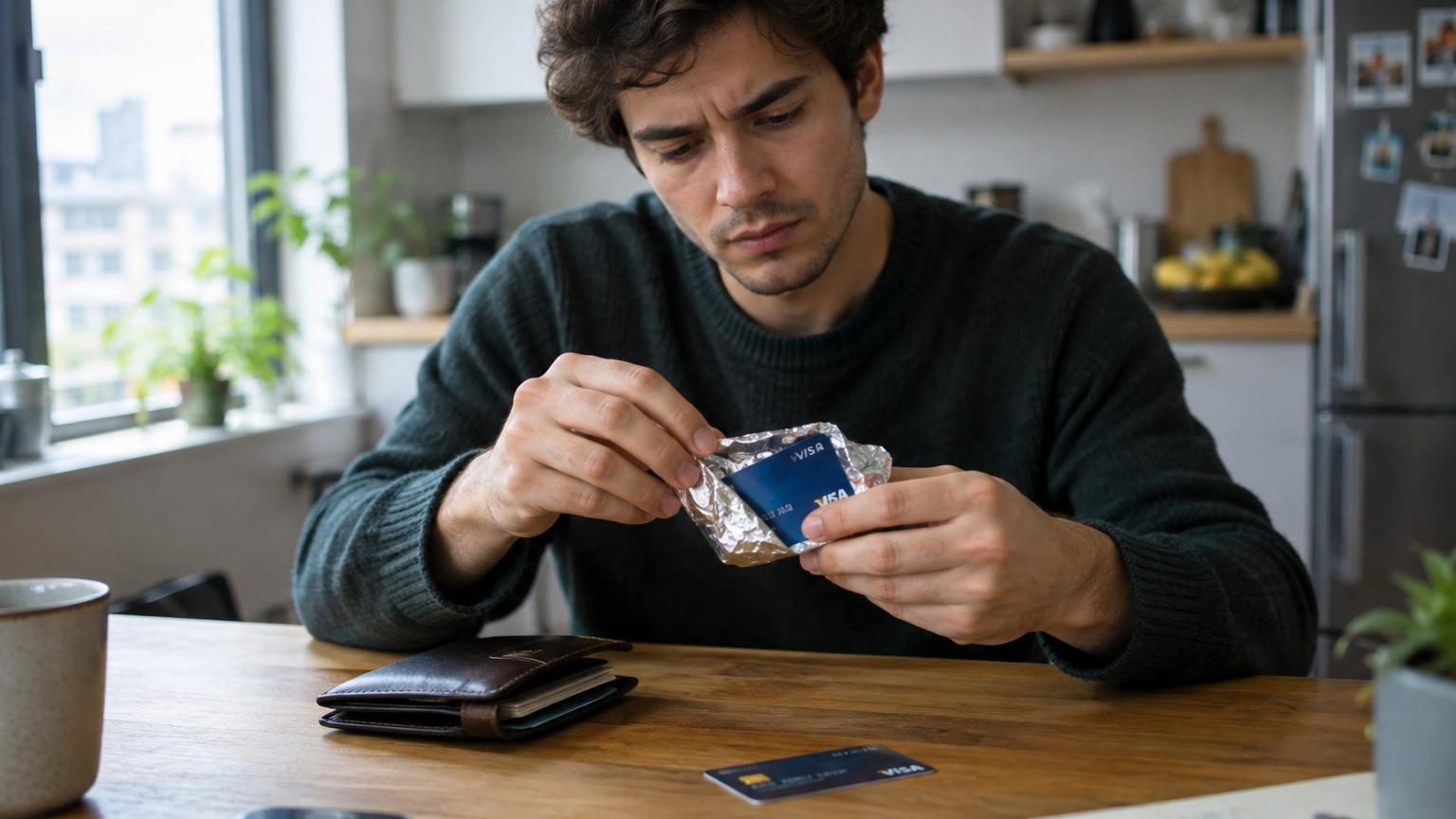 Gros plan d'une carte bancaire partiellement enveloppée dans du papier aluminium, montrant les bords repliés autour de la carte pour former un blindage protecteur