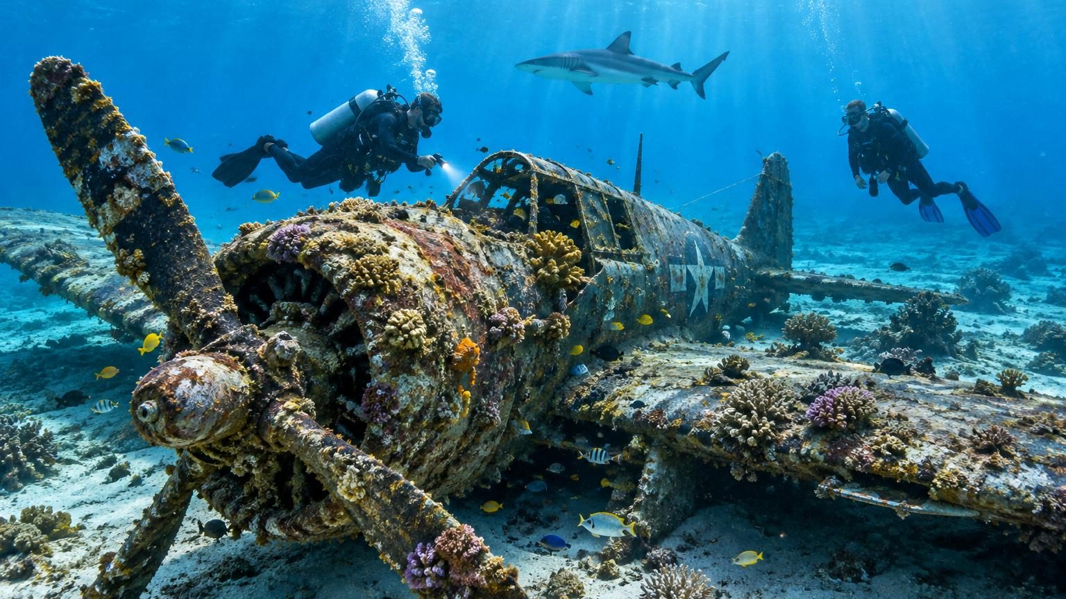 Carcasse d'avion de la Seconde Guerre mondiale recouverte de coraux colorés et gorgones, avec des poissons tropicaux nageant autour, au fond du lagon clair de Kwajalein.