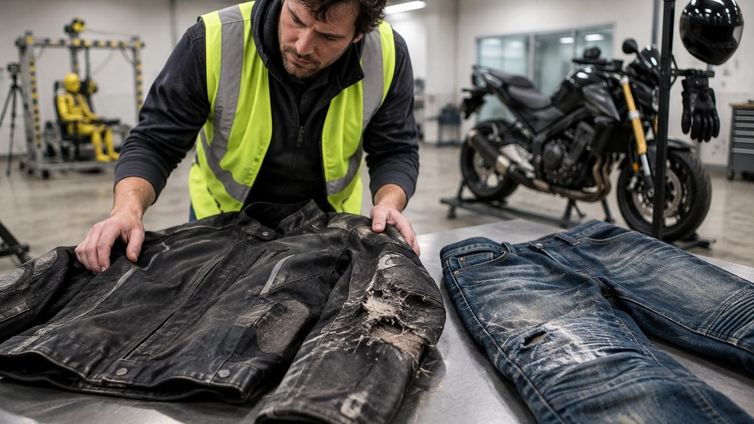 Motard en blouson et pantalon de protection noir sur sa moto, illustrant l'équipement de sécurité dont la protection peut diminuer malgré la certification