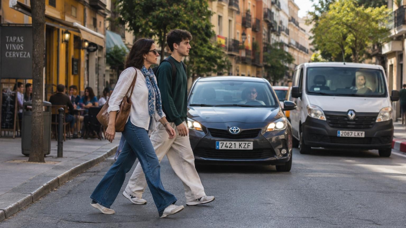 Une rue pavée de vieille ville espagnole où piétons et voitures partagent l'espace, avec une voiture au pas s'arrêtant pour laisser traverser une piétonne, illustrant les nouvelles zones de circulation apaisée.