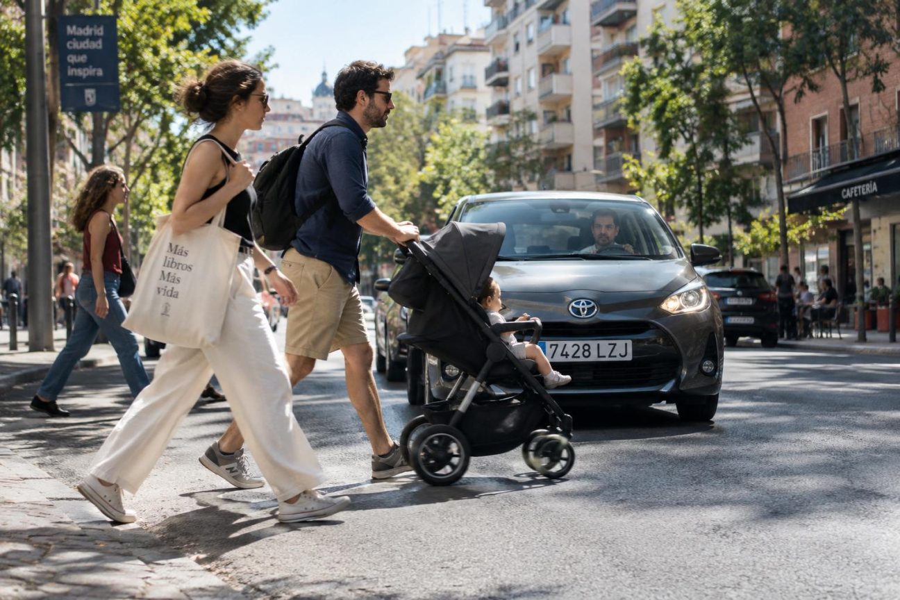 Une passante traverse une rue résidentielle tranquille sans passage clouté tandis qu'un conducteur de SUV lui cède la priorité en geste de la main, illustrant la nouvelle cohabitation piétons-véhicules en Espagne.