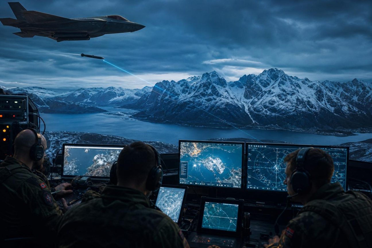 Un chasseur militaire américain en vol au-dessus d'un paysage nordique austère après le largage d'une munition guidée, tandis que des opérateurs norvégiens observent des écrans de contrôle au sol.