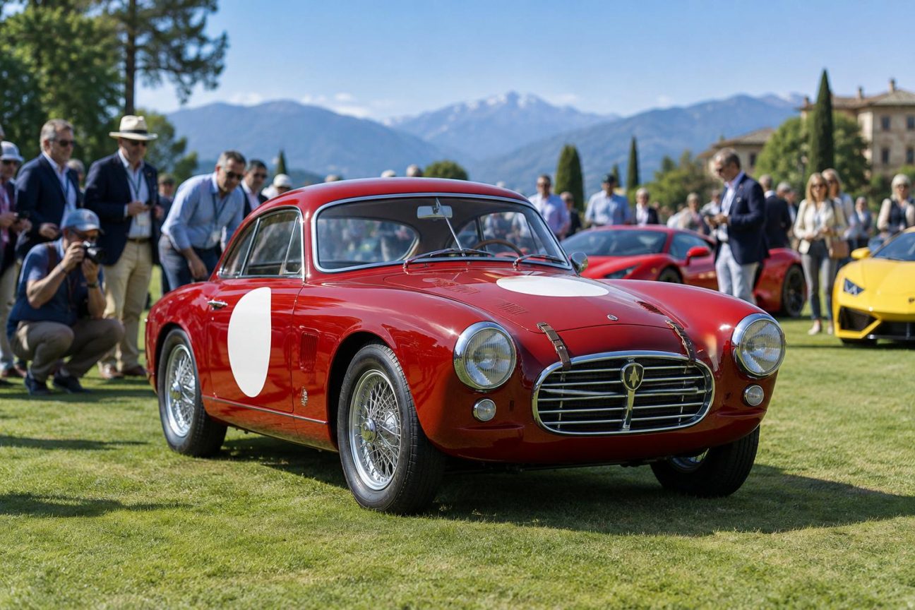 Concours d'élégance automobile réunissant voitures de collection anciennes et supercars exposées dans un cadre historique italien du Piémont