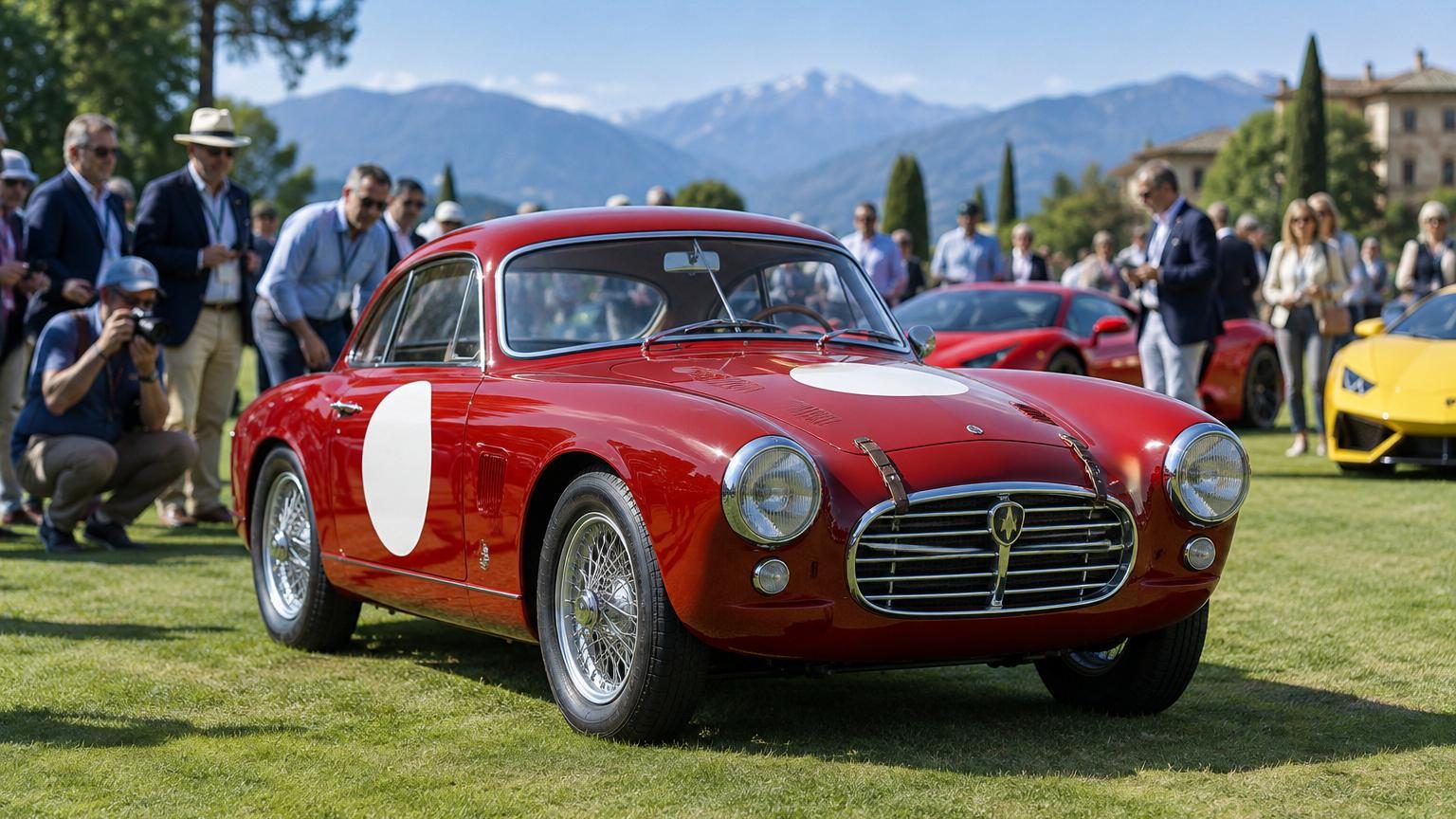 Concours d'élégance automobile réunissant voitures de collection anciennes et supercars exposées dans un cadre historique italien du Piémont