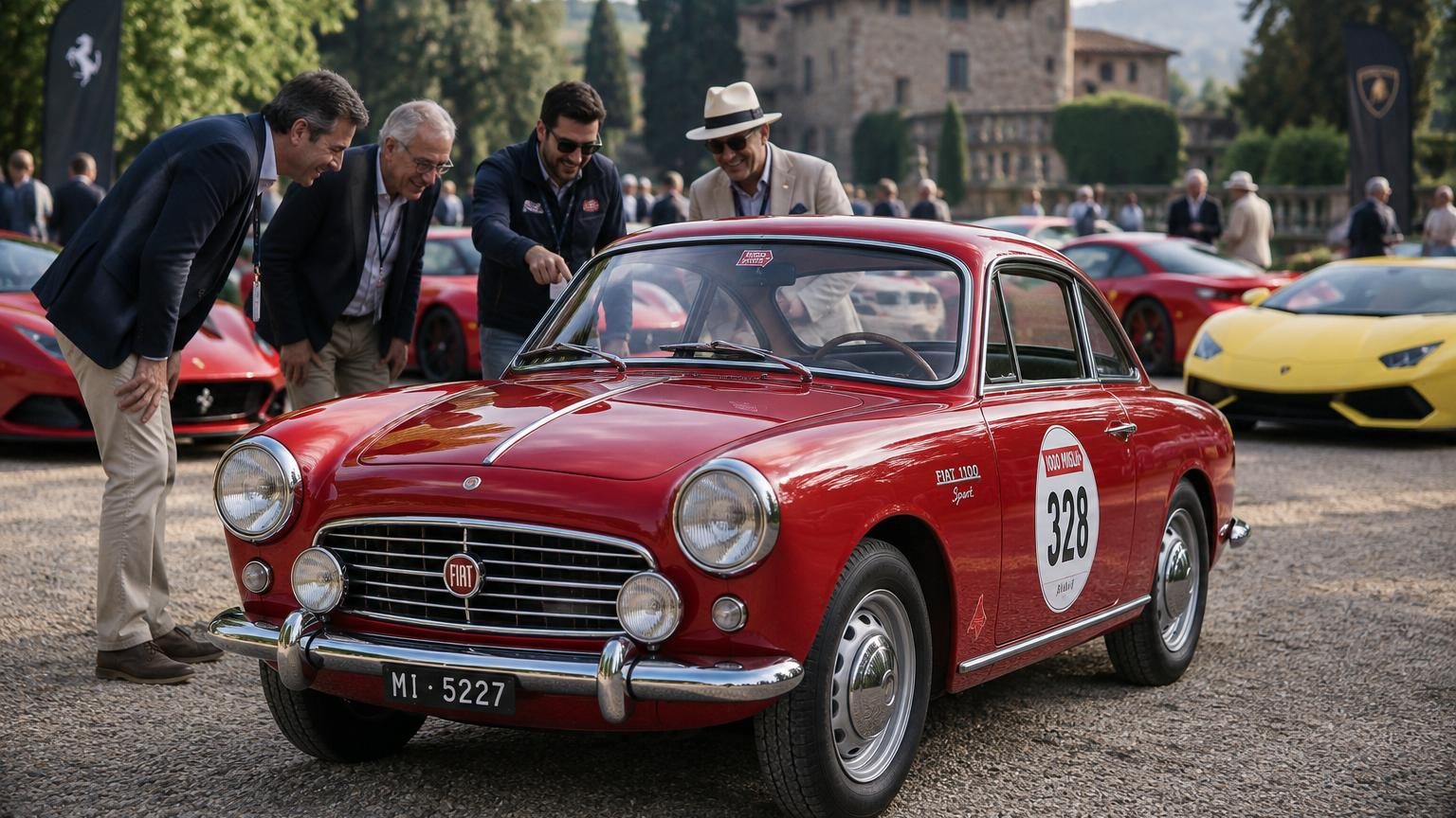 Fiat 1100 Sport Mille Miglia, élégante voiture de sport italienne classique, posée dans un concours d'élégance aux côtés d'autres véhicules de collection prestigieux.