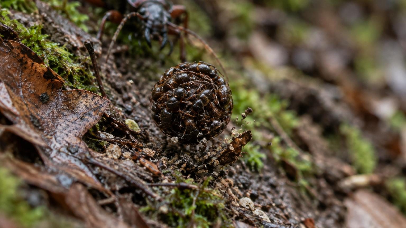 Vue rapprochée d'une minuscule fourmi noire roulée en boule qui dévale une pente de terre meuble parsemée de feuilles mortes.