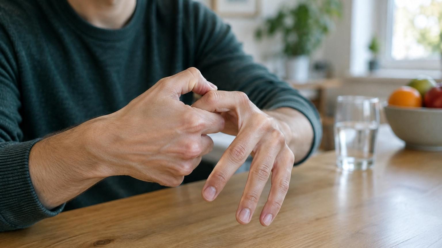 Gros plan sur une main en train de se craquer les doigts, avec une articulation en tension, illustrant le geste habituel souvent critiqué mais médicalementInoffensif.