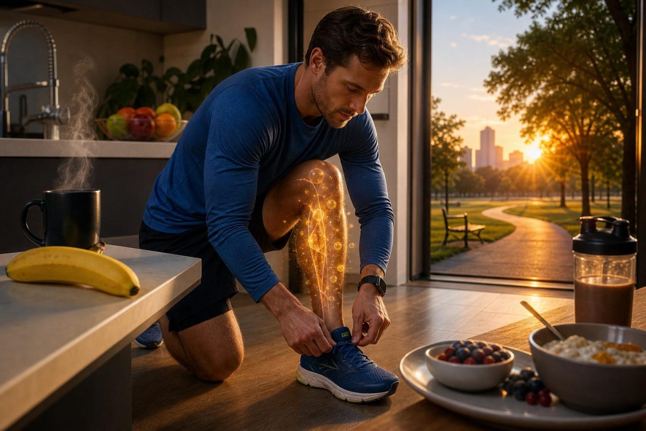 Personne en tenue de sport le matin, café vapeur sur la table d'à côté, baskets près d'une porte, illustration d'un dilemme entre partir courir à jeun ou prendre un petit-déjeuner.
