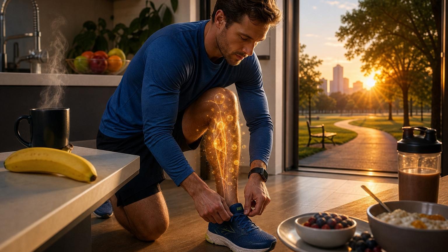 Personne en tenue de sport le matin, café vapeur sur la table d'à côté, baskets près d'une porte, illustration d'un dilemme entre partir courir à jeun ou prendre un petit-déjeuner.
